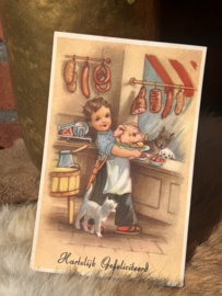 Vintage ansichtkaart uit de jaren '60; Slagersjongetje, Hartelijk Gefeliciteerd