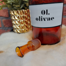 Vintage apothekersfles met origineel etiket  "Ol olivae" met schenktuit