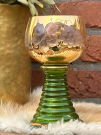 Vintage 'Roemer'(wijnglas) Groen/'Goud', handgeblazen, H 15 cm