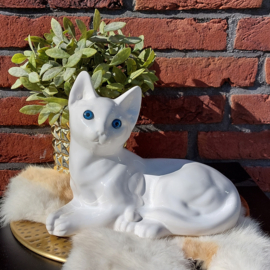 Vintage beeld liggende witte poes/kat, keramiek, H 18,5 cm