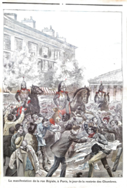 Antieke illustratie van de krant  'L 'illustré National' nr.8,  'La manifestation de la rue Royale, á Paris, le jour de la rentrée des Chambers'