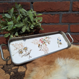 Vintage langwerpig dienblad met keramieken plateau 'Floral'