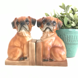 Vintage boekensteunen bruine hondjes( boxer pups) , keramiek