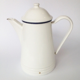 Vintage emaille koffie/ theepotje wit/blauw