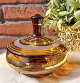 Vintage bonbonniere/ snoeppot amber glas met goud decor