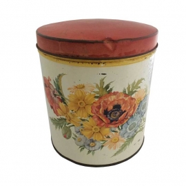 Vintage blik hoog met bloemen en rode deksel