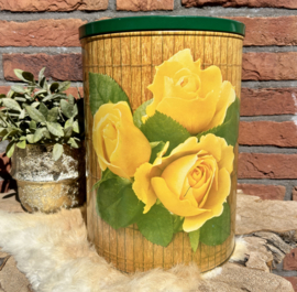 Vintage groot 'Tomado'blik met gele rozen print