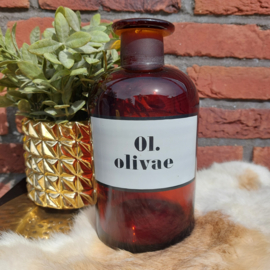 Vintage apothekersfles met origineel etiket  "Ol olivae"