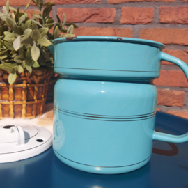 SALE: Vintage emaille schenkkan mét opschenkdeksel, zeegroen