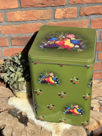Vintage groot blik  donkergroen met fruit en bloemen decor