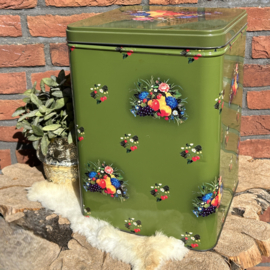 Vintage groot blik  donkergroen met fruit en bloemen decor