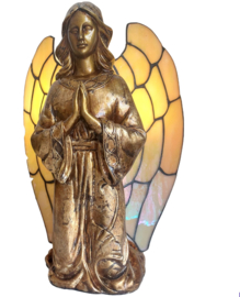 Engel (tafel)lamp, goud met 'Tiffany' vleugels, H 31 cm.