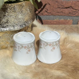 Vintage porseleinen peper en zoutvaatje, fijn bloemdecor