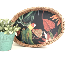 Dienblad riet ovaal met nieuw decor "botanisch/ papagaai", uit eigen atelier
