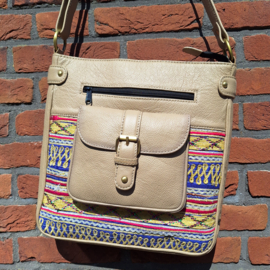 Ibiza tas van leder met borduurstuk, beige