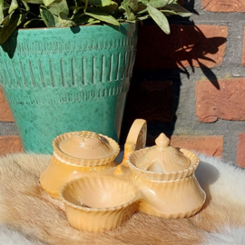Vintage cruet set peper, zout & mosterd