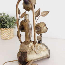 Metalen vintage lamp/ muziekdoos 'verschijning van Maria in Lourdes'