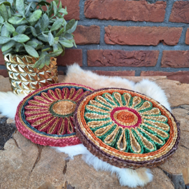 Vintage raffia pannen onderzetters gekleurd, set van 2