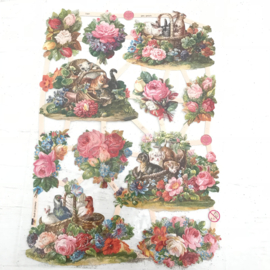 Poezie plaatjes  bloemen boekketten met diertjes nr. 7391