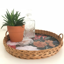 Dienblad riet rond met nieuw decor "botanical", uit eigen atelier