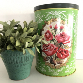 Vintage groot blik groen met rozen en gouden accenten