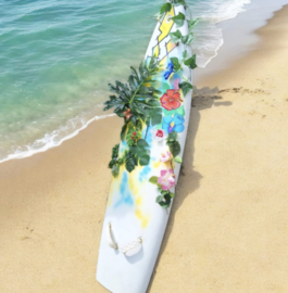 Te huur:  Gedecoreerde surfplank met mogelijk tot aanhang tekstbord