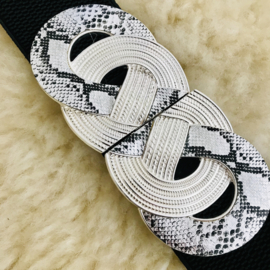 SALE: Riem elastisch zwart met zilveren cirkel/slangenprint sluiting