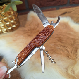 Vintage zakmes met handvat met hert én schors decor