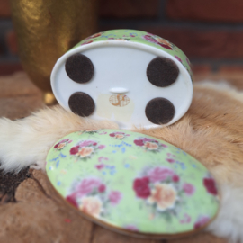 Vintage porseleinen trinket/ juwelendoosje; lichtgroen met rozendecor