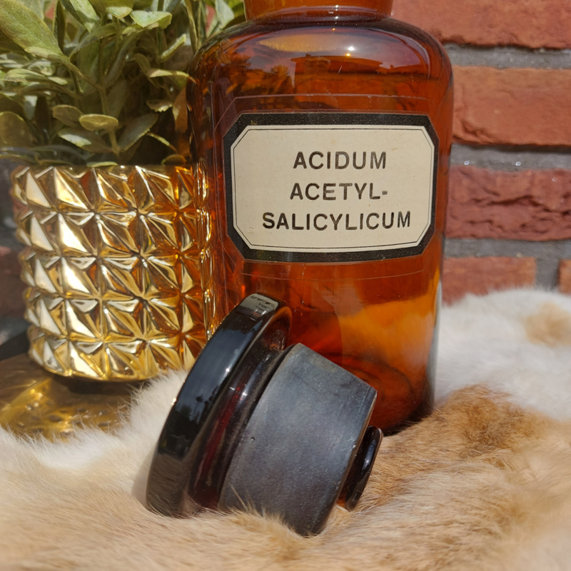 Vintage apothekersfles met origineel etiket  "Acedum Acetyl-salicylicum"