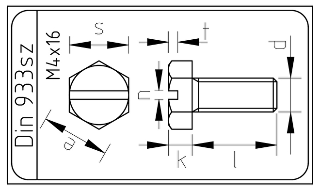 RVS Zeskantbout M4x16 met zaaggleuf Din 933 / ISO 4017.