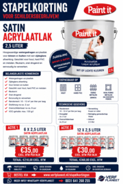 STAPELKORTING - Paint it Satin Acrylaatlak - 6 maal 2,5 Liter - Wit of alle lichte kleuren