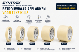 Syntrex Professionele Crêpe Schilderstape - Masking Tape 19 mm rol 50 mtr