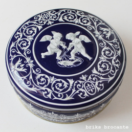 blik / koektrommel blauw-wit met engeltjes