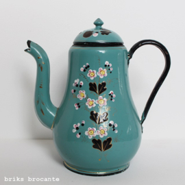 emaille koffiepot - donker mintgroen bloemen