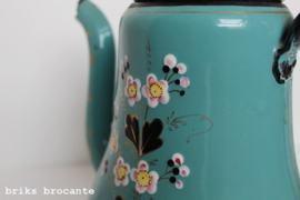 emaille koffiepot - donker mintgroen bloemen