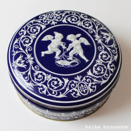 blik  / koektrommel donkerblauw met engeltjes