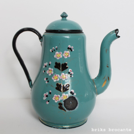 emaille koffiepot - donker mintgroen bloemen