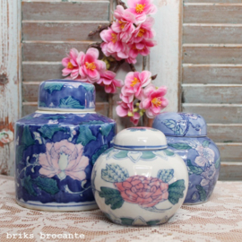 gemberpot - blauw met roze bloem
