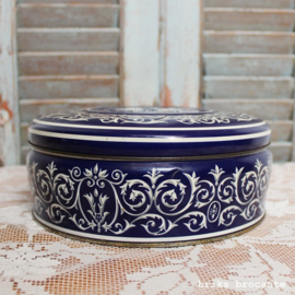 blik / koektrommel donkerblauw met engeltjes