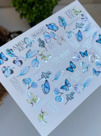 Waterdecal DeLuxe 415  – Blue Butterflies & Botanical Love Story Waterdecal Nail Stickers