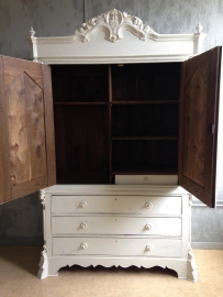 Antiek brocante wit kabinet, kuifkast, groot model