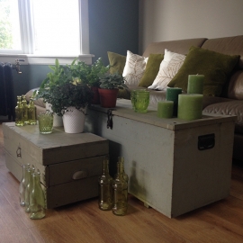 Groene antieke brocante houten opbergkist groot model