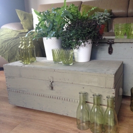 Groene antieke brocante houten opbergkist groot model