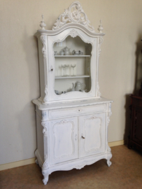 Antieke brocante Biedermeier bonheur vitrinekast met kuif wit