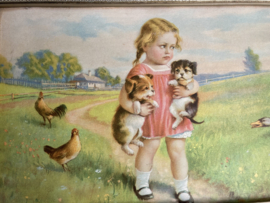 Brocante schilderij meisje met hondjes