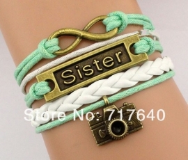 Armband Sister C: Fashion Infinity Sister Camera Charm Leather Bracelet