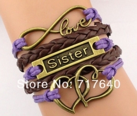 Armband Sister D: Fashion Infinity Sister Heart Charm Leather Cord Bracelet
