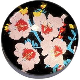 Glas cabochon 25mm: zwart met roze bloemen