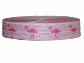 Elastisch band zachtroze met flamingo 16 mm: 10 meter!
